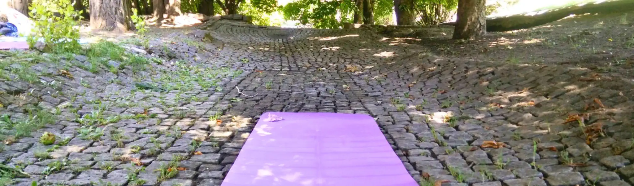 Paket taşlı bir yolun üzerine serilmiş bir yoga matı fotoğrafı