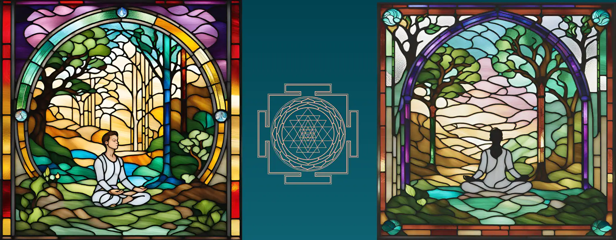 Meditasyon yapan iki kişinin vitraylanmış görselinin iki uca yerleştirildiği bir görsel