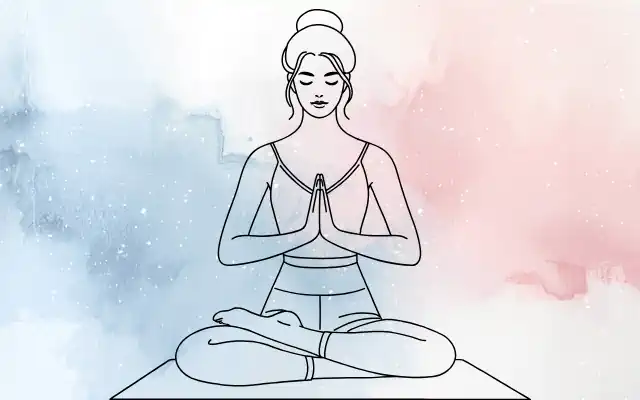 Yoga anksiyete için meditasyon pratiği — gözleri kapalı kadın illüstrasyonu namaste pozisyonunda