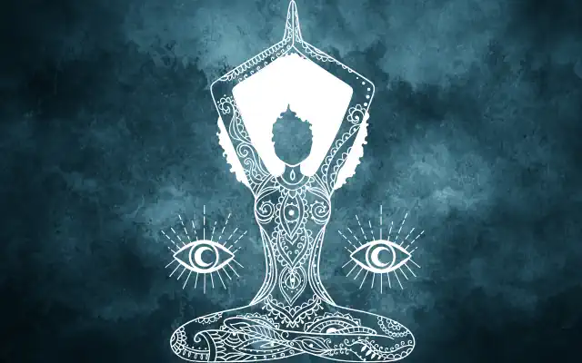 Yoga anksiyete ve zihin dönüşümü — mandala desenli yoga figürü ve üçüncü göz sembolü illüstrasyonu