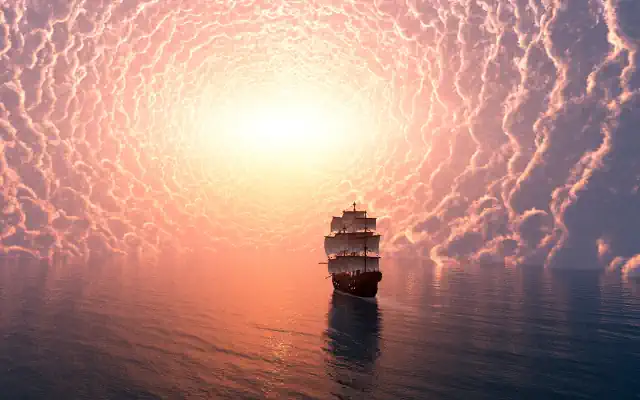 Yoga anksiyeteyi dönüştürebilir — bulut halkalarının ortasında ışığa ilerleyen yelkenli gemi