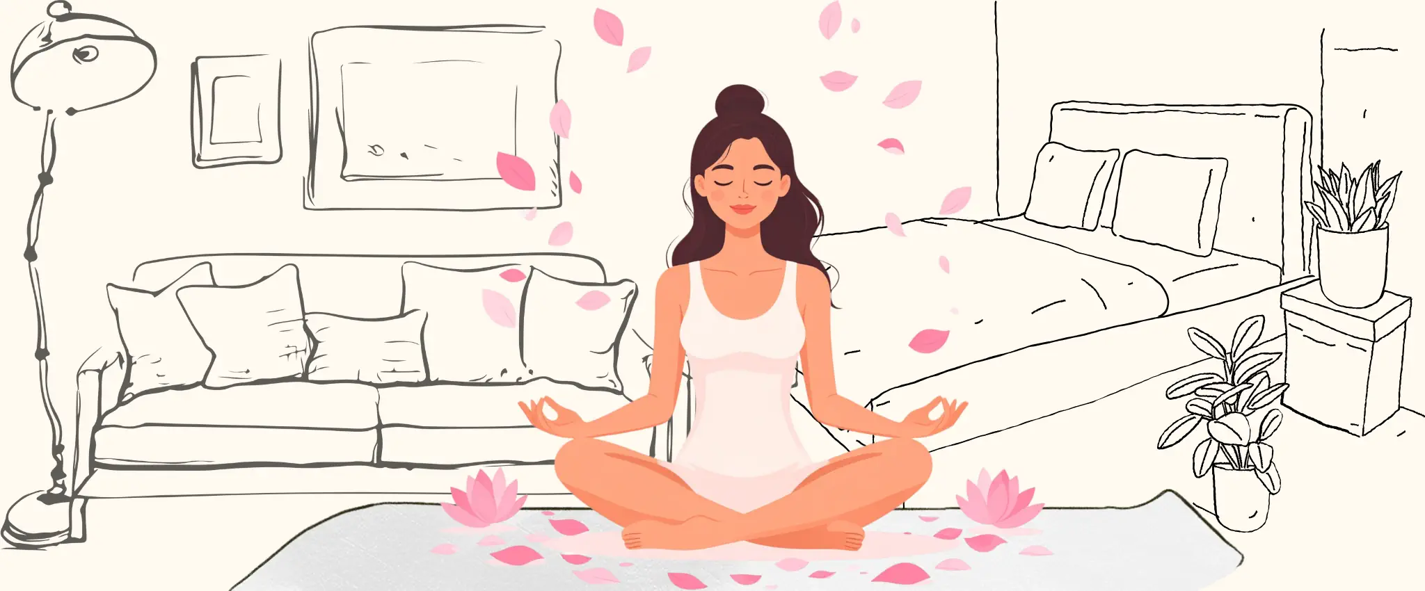Evde yoga yapan bir kadın görseli. Evin detayları siyah beyaz, arka planda kalmış. Kadın figürü renkli, etrafında pembe yapraklar uçuşuyor.