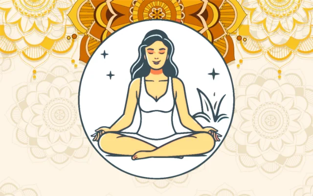 Mandalalı bir arka planın önünde meditasyon yapan kadın figürü.