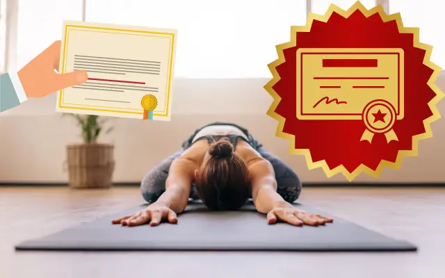 A photo of a woman doing yoga and on the sides of her there are graphic images of certifications.